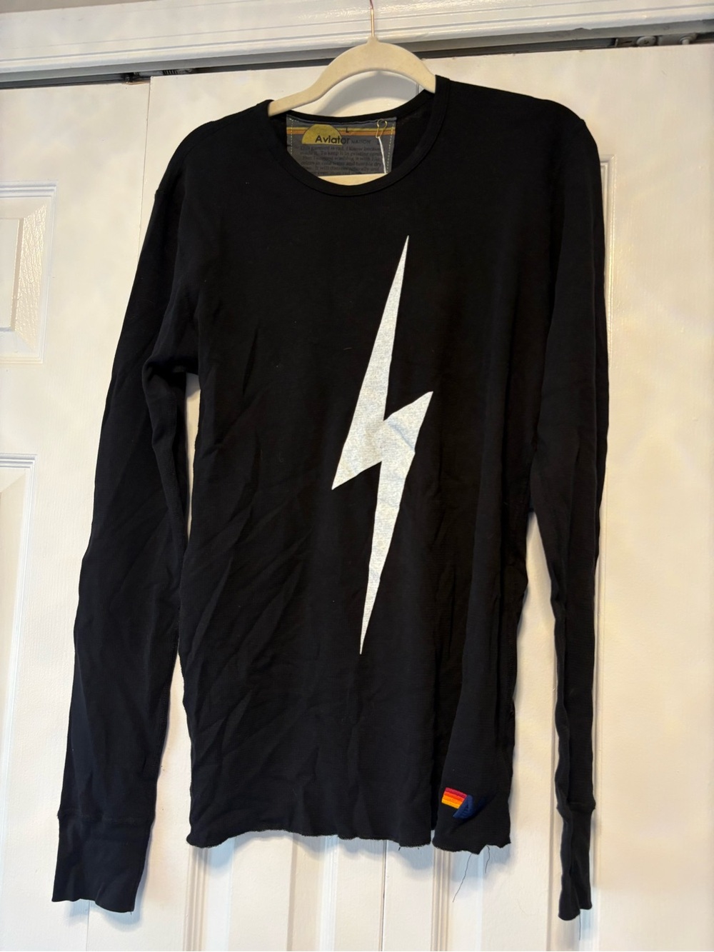Aviator Nation Black Long Sleeve Tee with Silver Lightning Bolt Graphic
